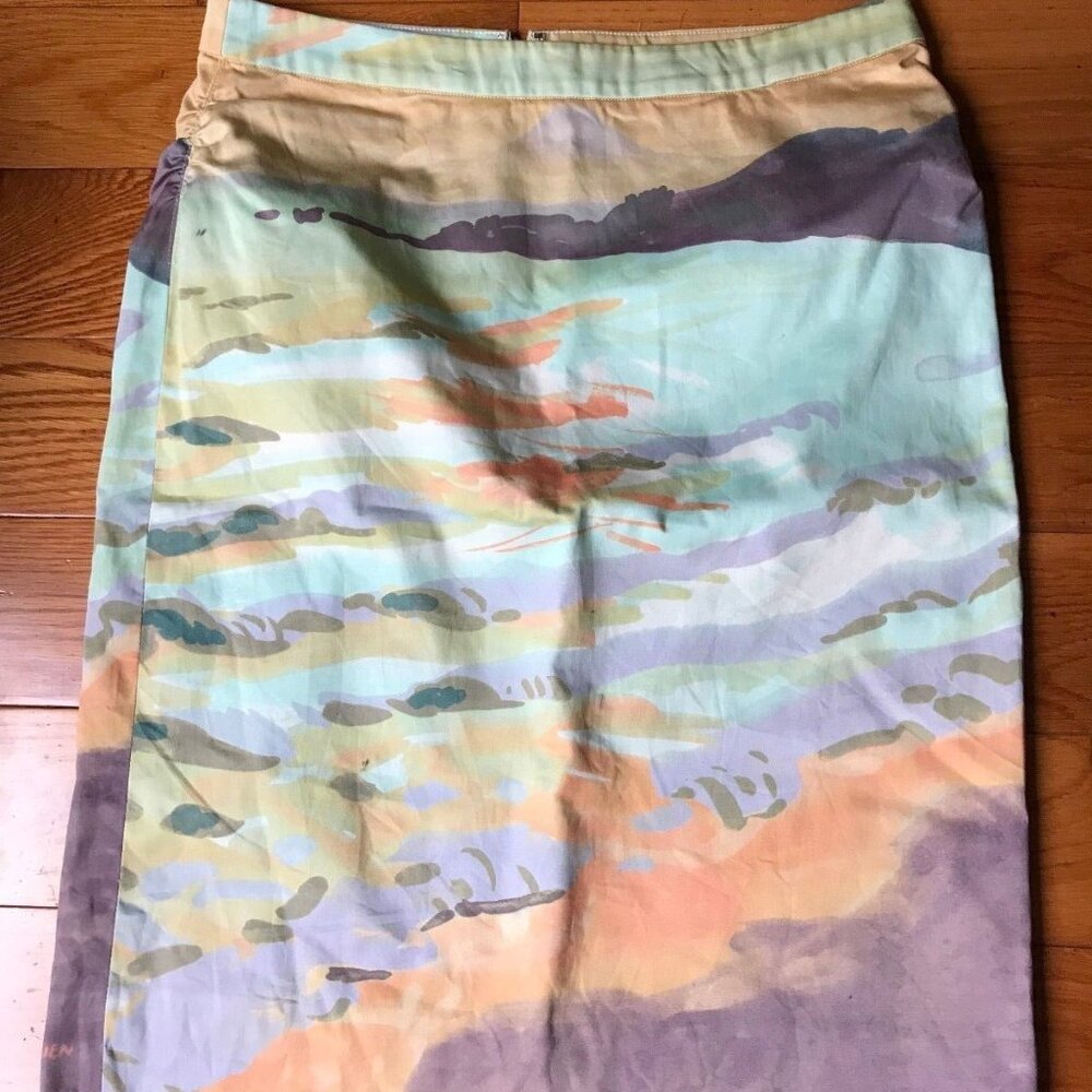 $98 Anthropologie Kevin O'Brien sz 8 Pencil Skirt Lined in Watercolor Landscape